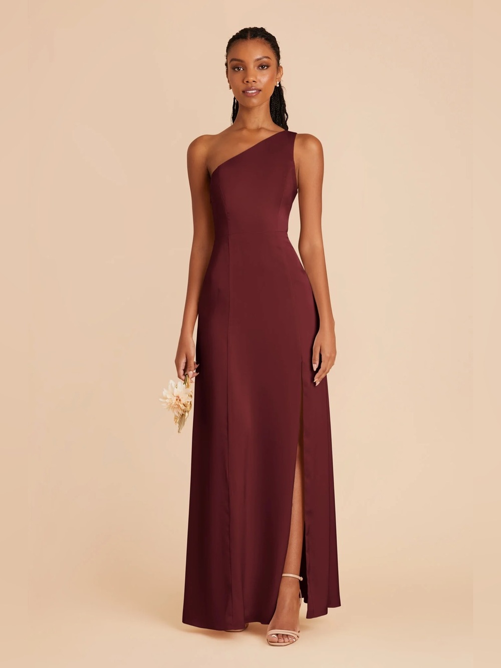 NWT Birdy Grey Matte Satin Kira One Shoulder Dress Cabernet Dark Red Size Large